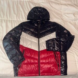 Men's Tommy Hilfiger Navy Blue, White, and Red Hooded Puffer Jacket